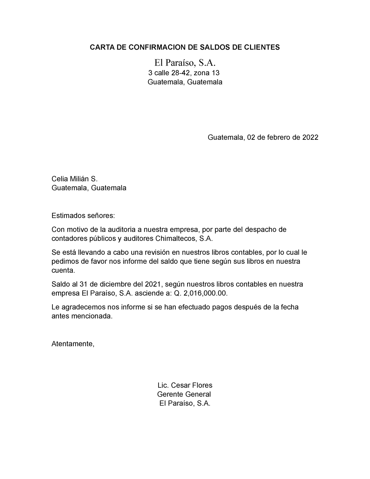 Carta De Confirmacion De Saldos De Clientes Carta De Confirmacion De Saldos De Clientes El