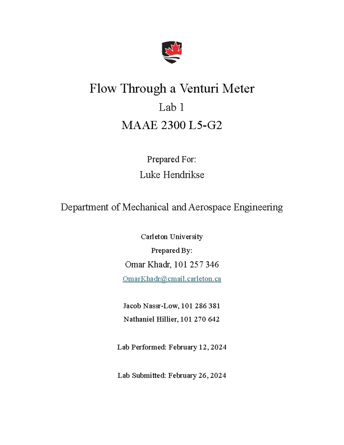 MAAE 2300 Lab 1 Venturi Meter OMAR Khadr 101257346 Flow Through a