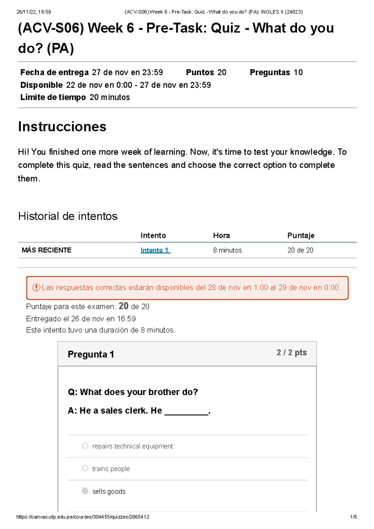 (ACV-S06) Week 6 - Pre-Task Quiz - What do you do (PA) Ingles II (24823 ...