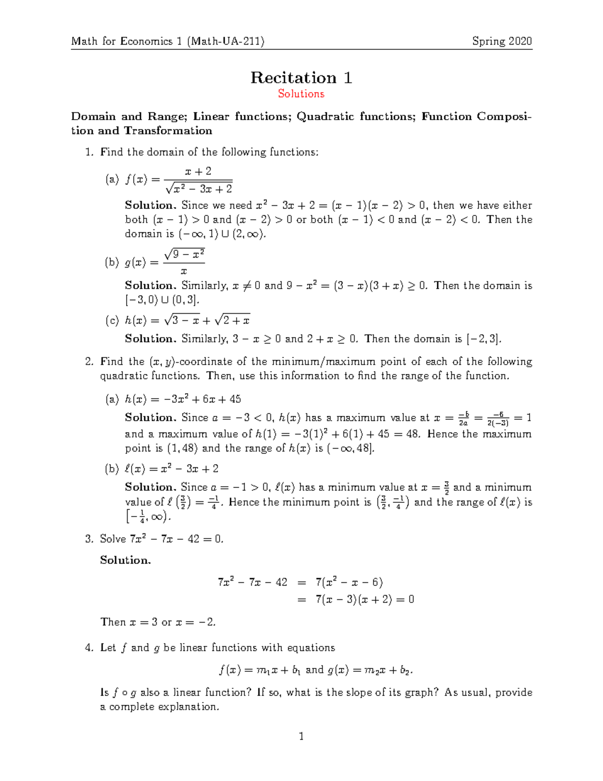Recitation 1-Solution - Recitation 1 Solutions Domain and Range; Linear ...