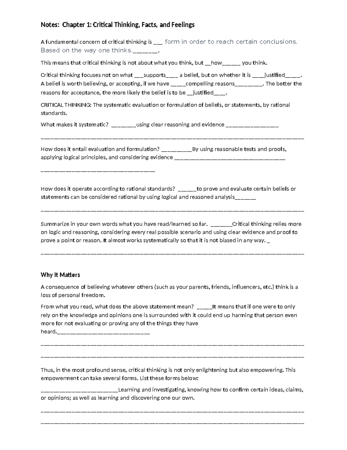 Notes Chapter 1 - n/a - Notes: Chapter 1: Critical Thinking, Facts, and ...