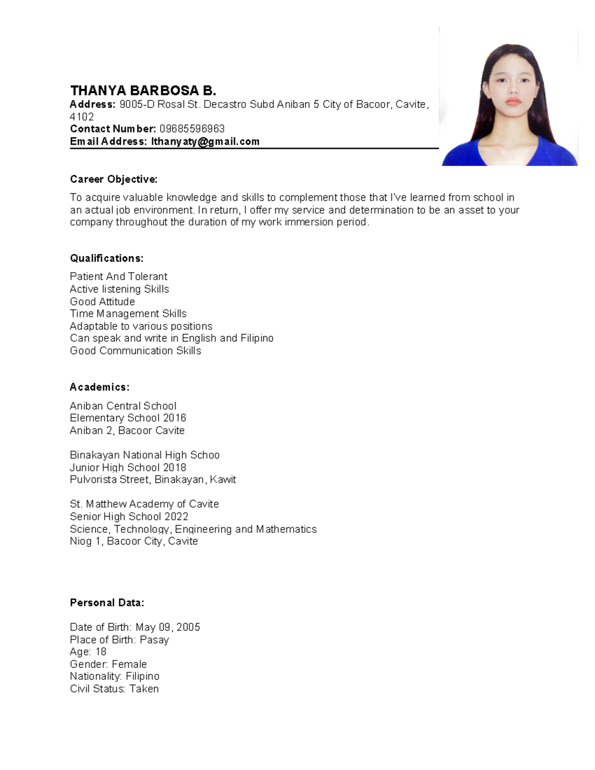 Copy-of-sample-resume-work-immersion-ABM 2 - THANYA BARBOSA B. Address ...