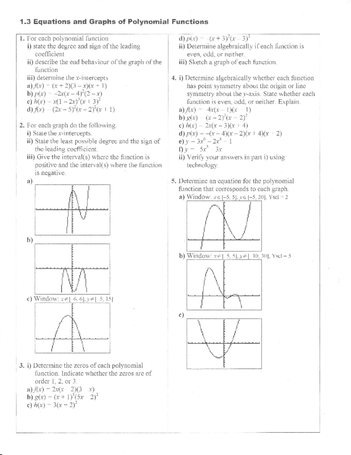 1.3 Extra Practice - Equations and Graphs of Polynomial Functions ...
