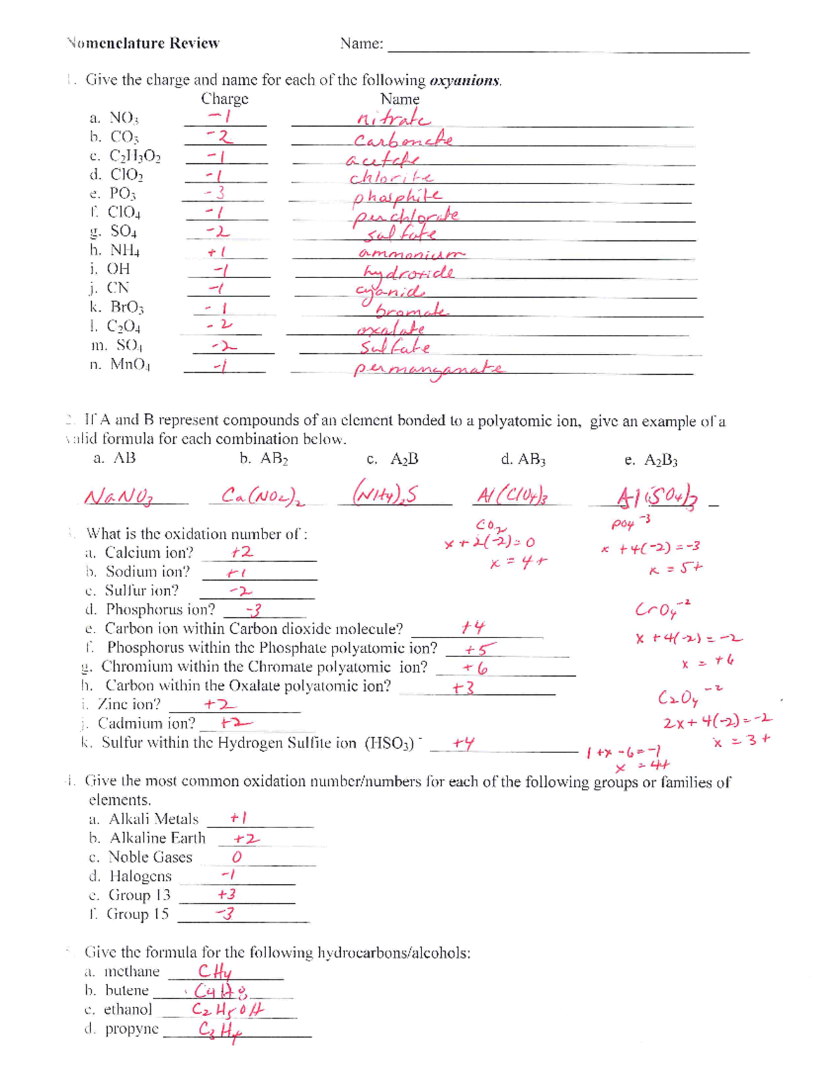 Unit 4 Review Answer Key Nomenclature Review Name 1 Give The Charge 