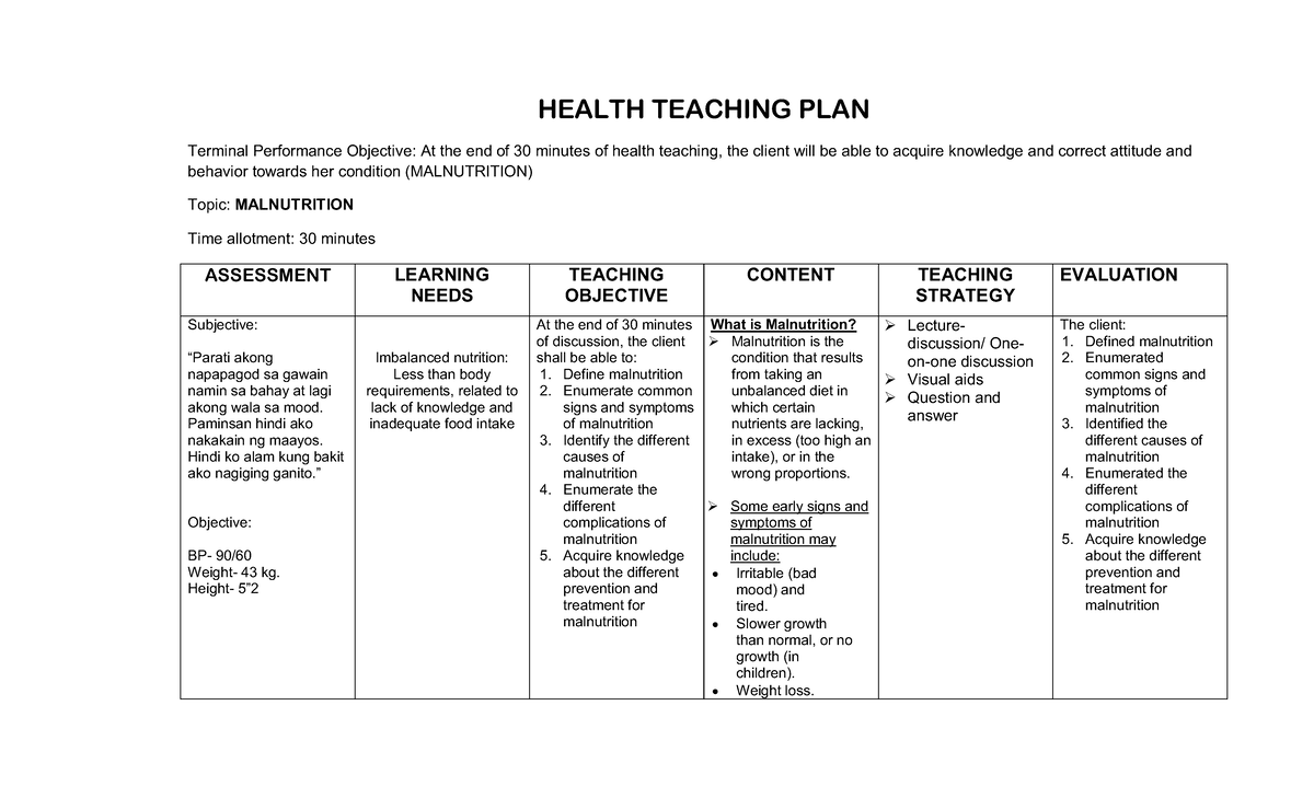 58292249 Teaching Plan Malnutrition - C Terminal Performance Objective ...