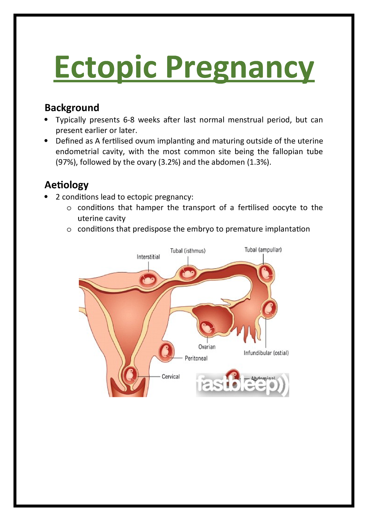 Ectopic Pregnancy Ob Gyn Ectopic Pregnancy Background Typically Presents Weeks After Last Normal Menstrual Period But Can Present Earlier Or Later Defined As Studocu