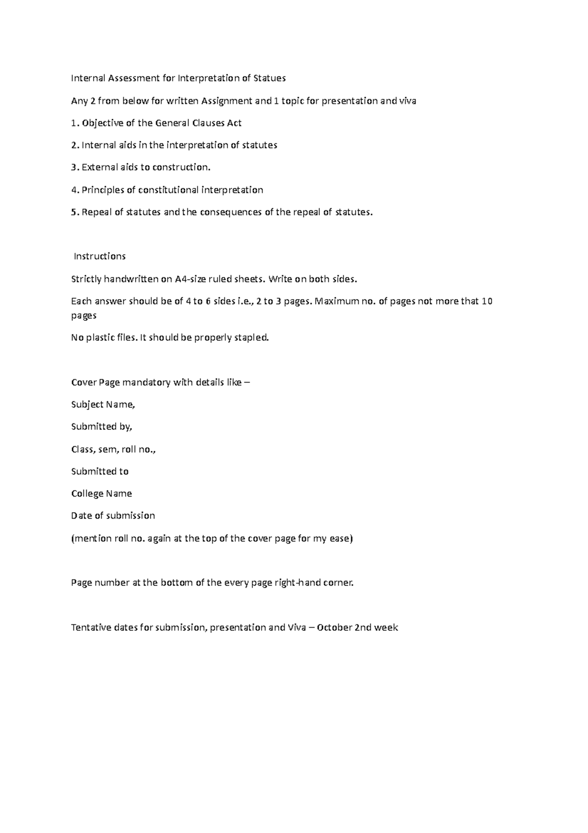 IOS Questions Internal Assessment for Interpretation of Statues Any 2 from below for written