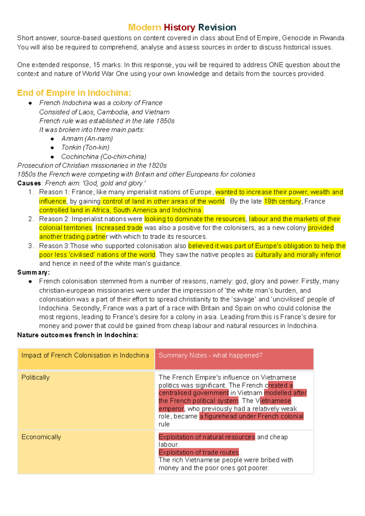 Modern History Revision Short answer, sourcebased questions on
