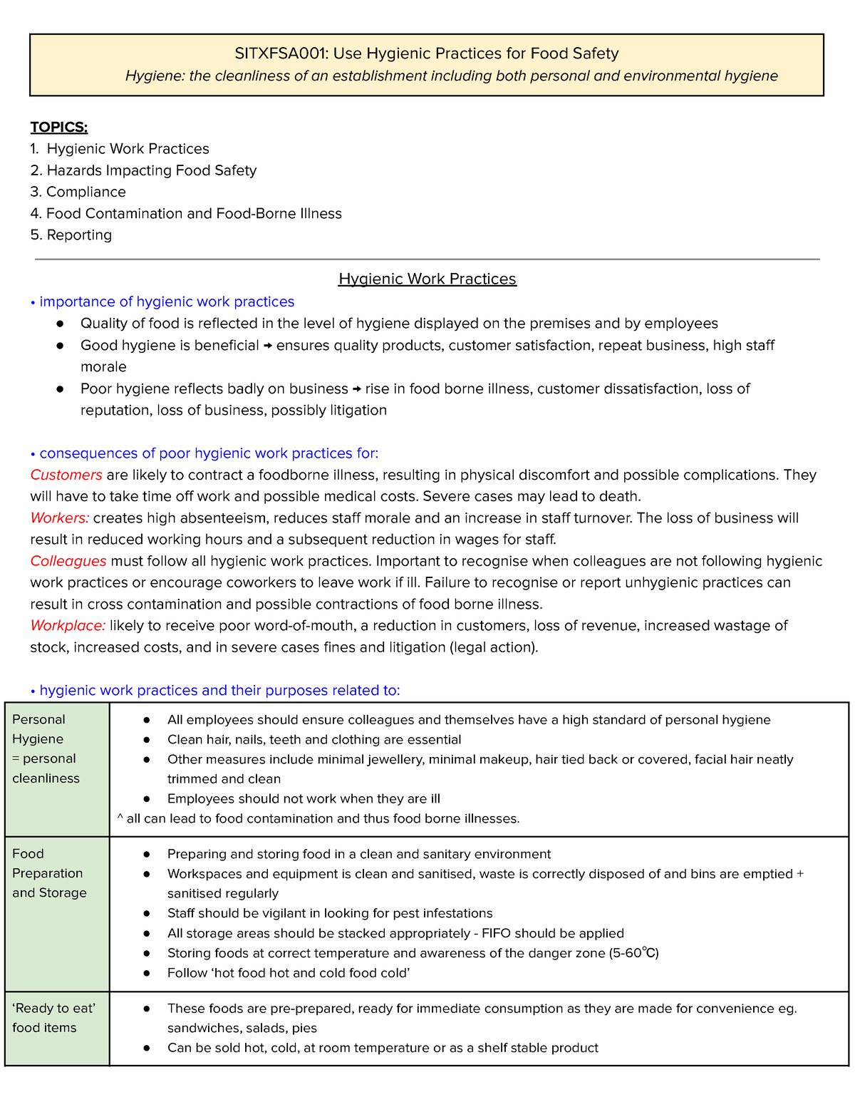 Hsc hospitality all topics study notes - SITXFSA001: Use Hygienic ...