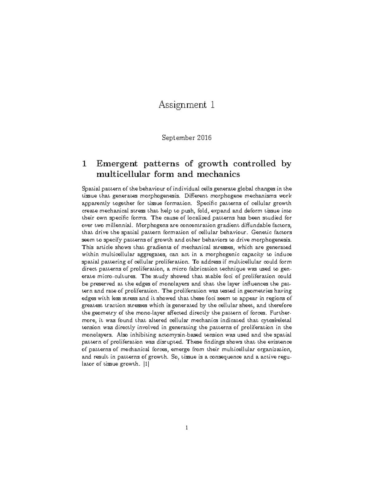 Tissue Biomechanics Assignment 1 September 2016 1 Emergent Patterns 