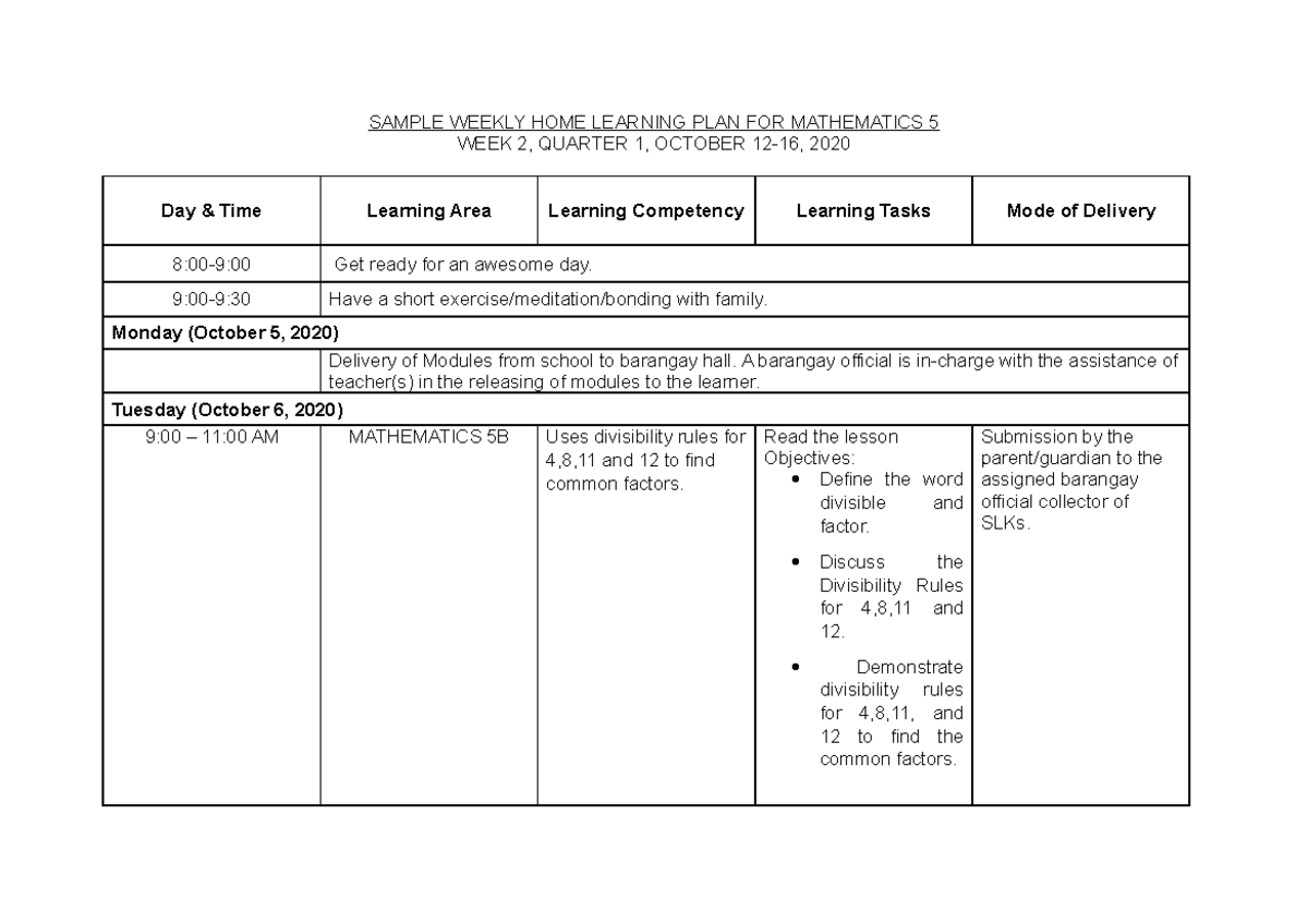 4 - none - SAMPLE WEEKLY HOME LEARNING PLAN FOR MATHEMATICS 5 WEEK 2 ...