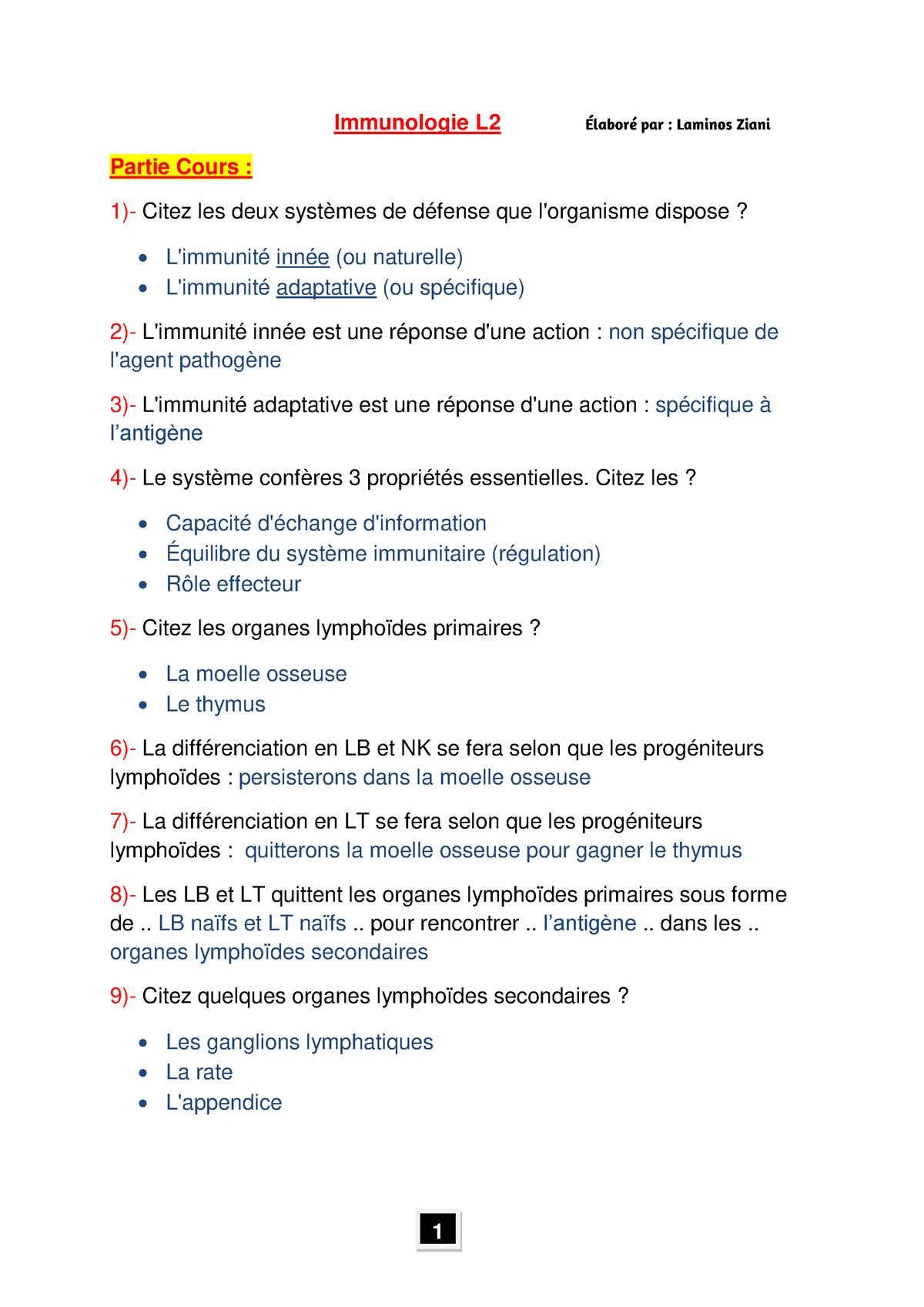 1)- 95 Questions Immunologie - Immunologie L Partie Cours : 1)- Citez ...