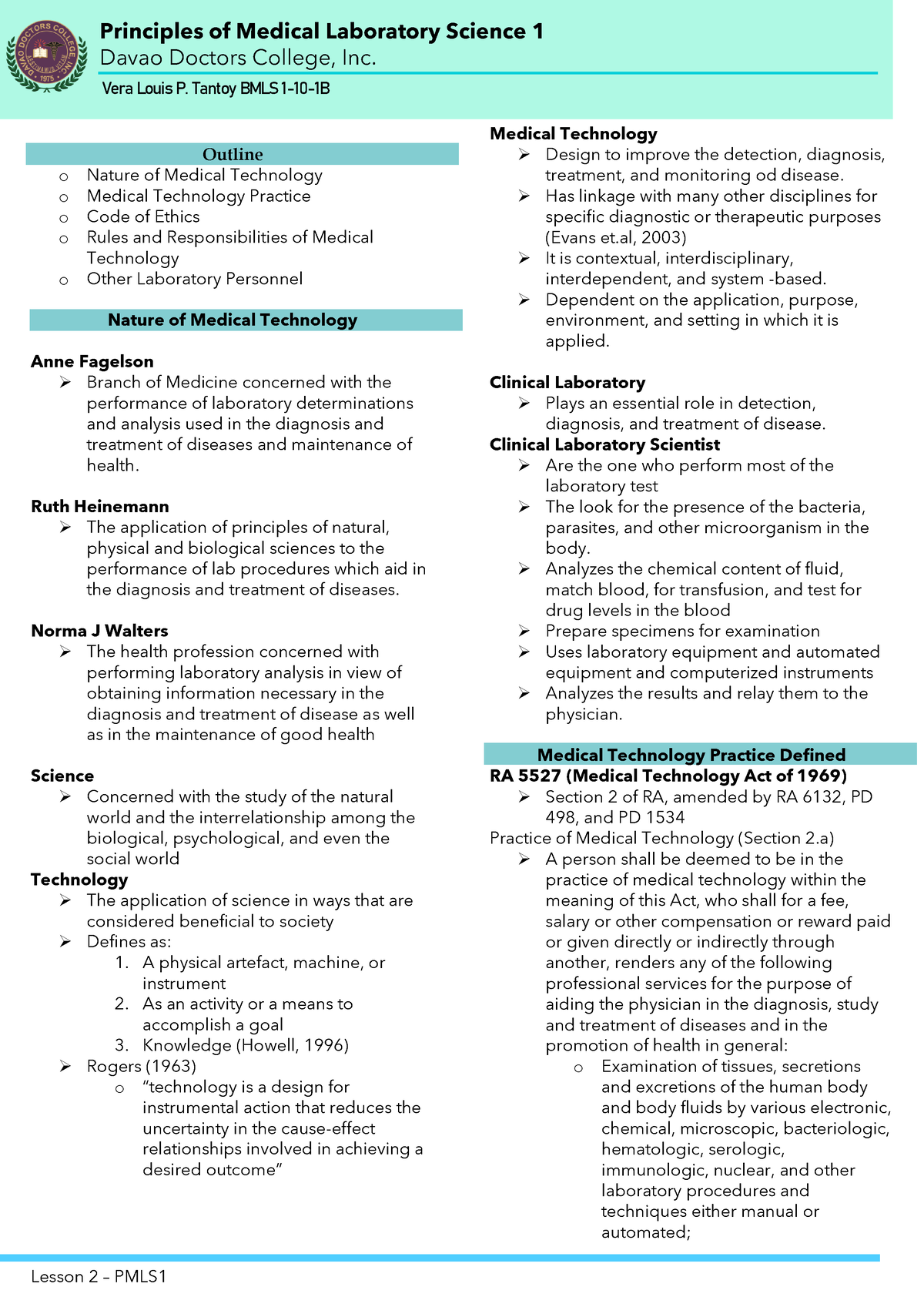 Pmls Lesson Pmls Principles Of Medical Laboratory Science Davao Doctors College Inc