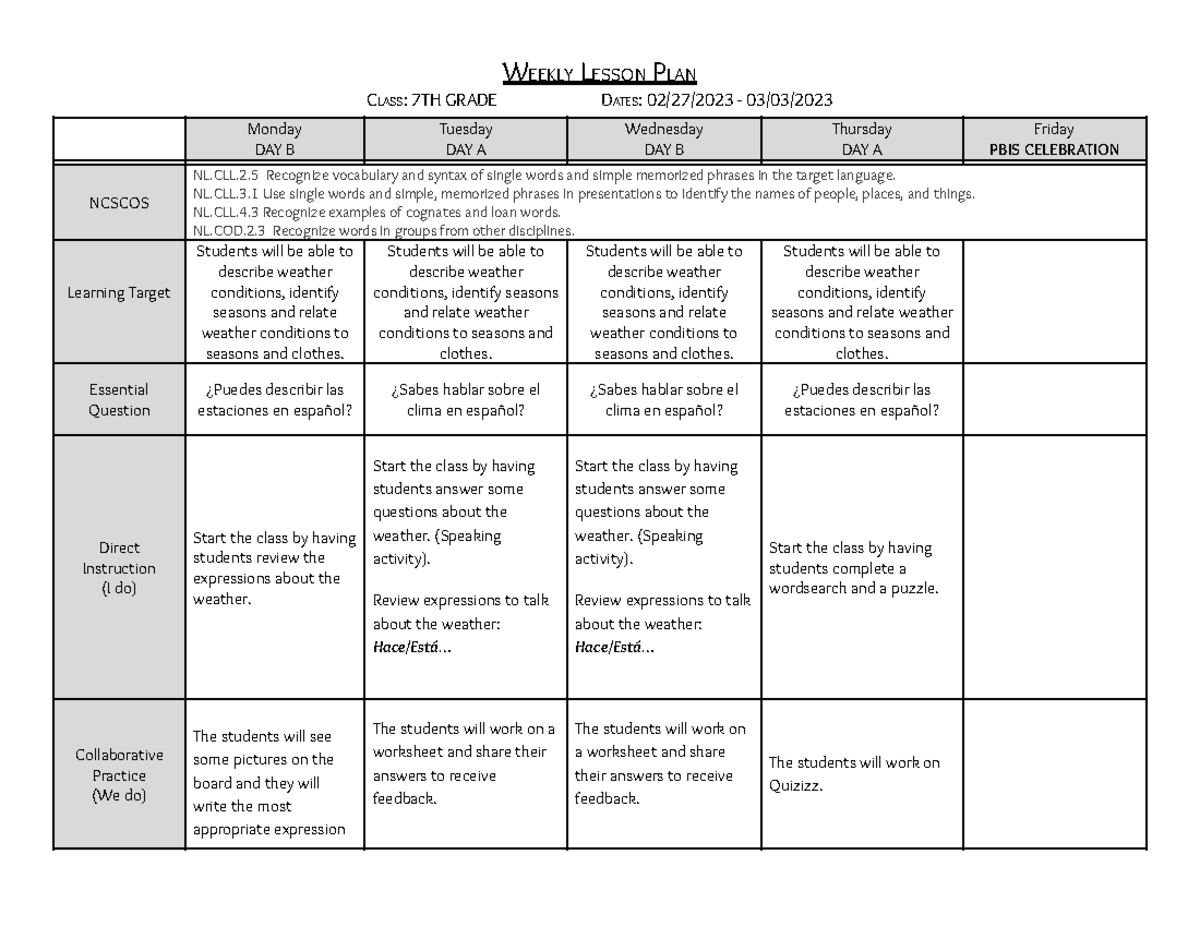 WEEK 9 - Semester 2 - 7TH Grade - WEEKLY LESSON PLAN CLASS: 7TH GRADE ...