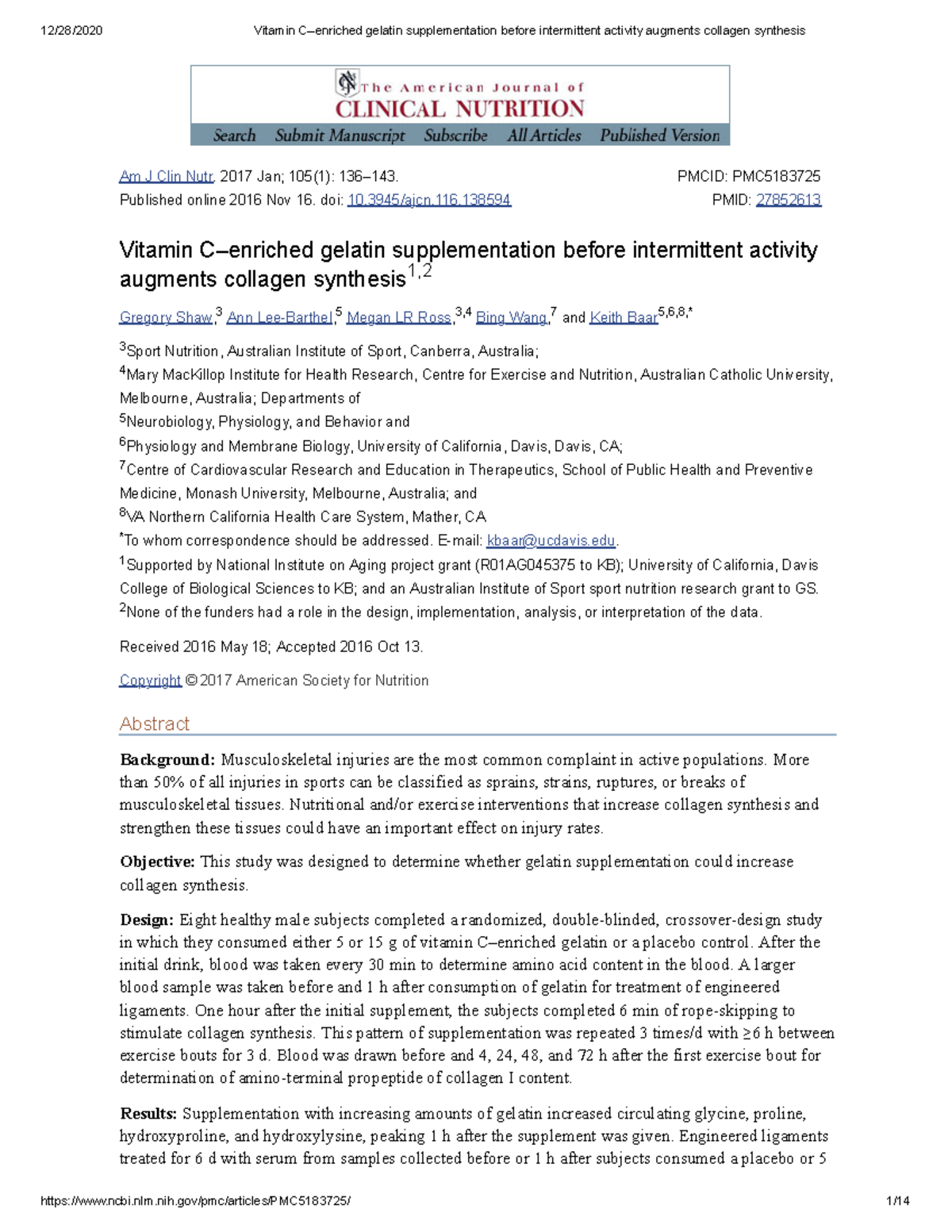 Vitamin Cenriched gelatin supplementation before intermittent activity augments collagen