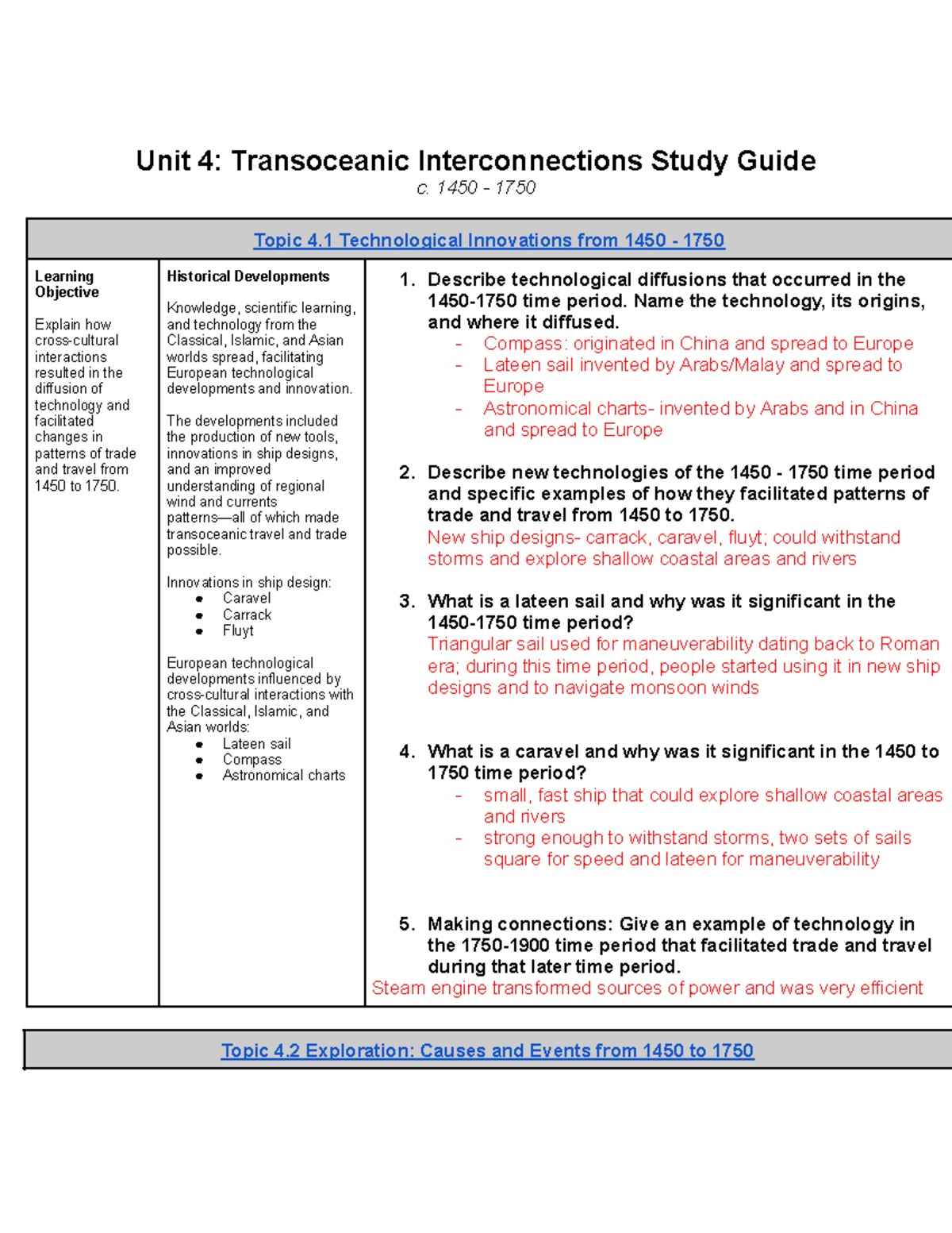 Unit 4 Student Study Guide - 9020976 - Unit 4: Transoceanic ...