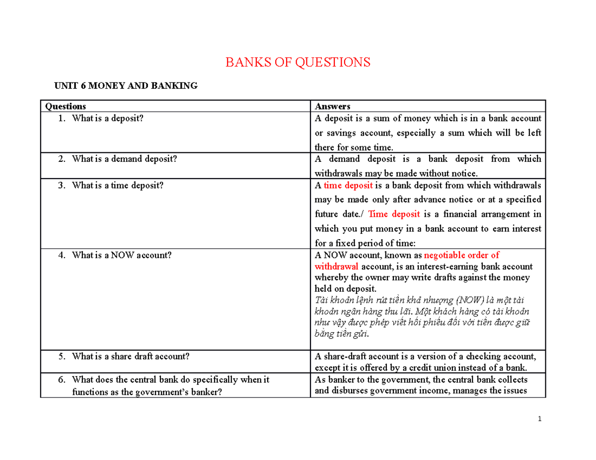 Banks OF Questions SỬA BANKS OF QUESTIONS UNIT 6 MONEY AND BANKING Questions Answers 1. What