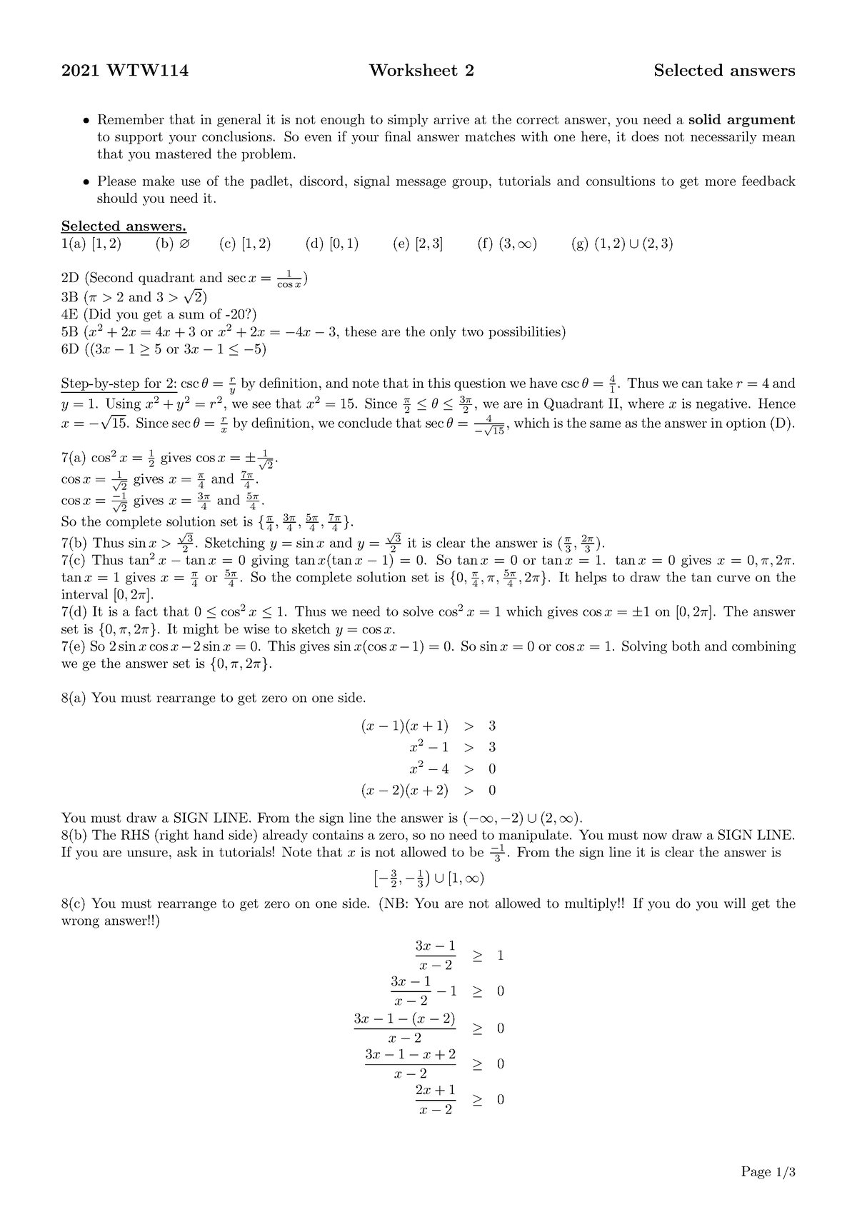 Worksheet 2 - Selected Answers for wtw 114 - 2021 WTW114 Worksheet 2 ...