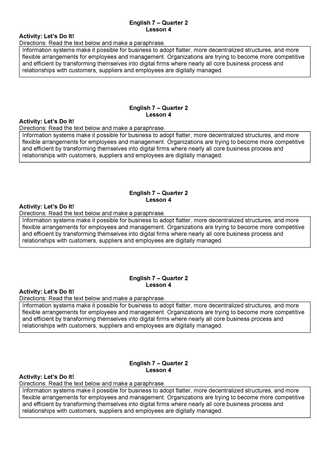 Assignment - Useful - English 7 – Quarter 2 Lesson 4 Activity: Let’s Do ...