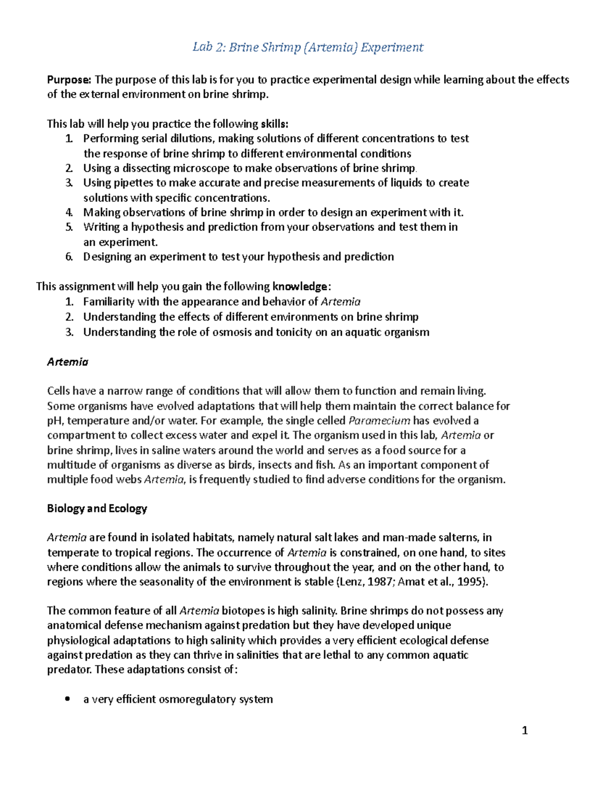 Lab 2 notes and experiments - Lab 2: Brine Shrimp (Artemia) Experiment ...