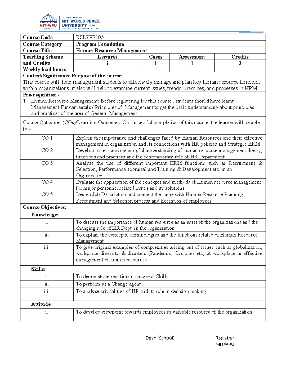 HRM Syllabus - Summary Petrolio - Course Code RSL7PF10A Course Category ...
