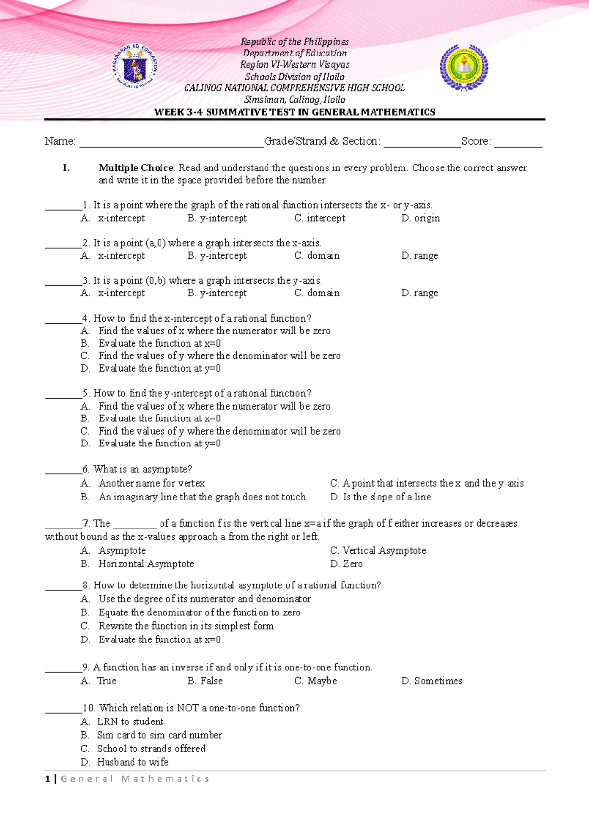 Summative Test In General Mathematics - Republic Of The Philippines ...