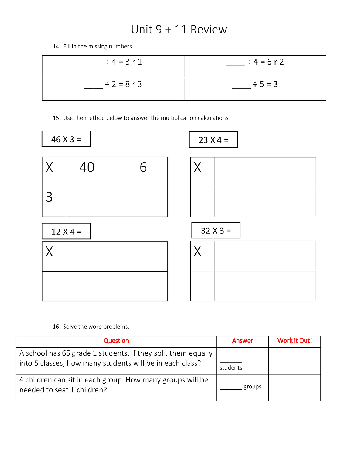 Maths Unit 9 + 11 Review Page 3 - Unit 9 + 11 Review 14. Fill in the ...