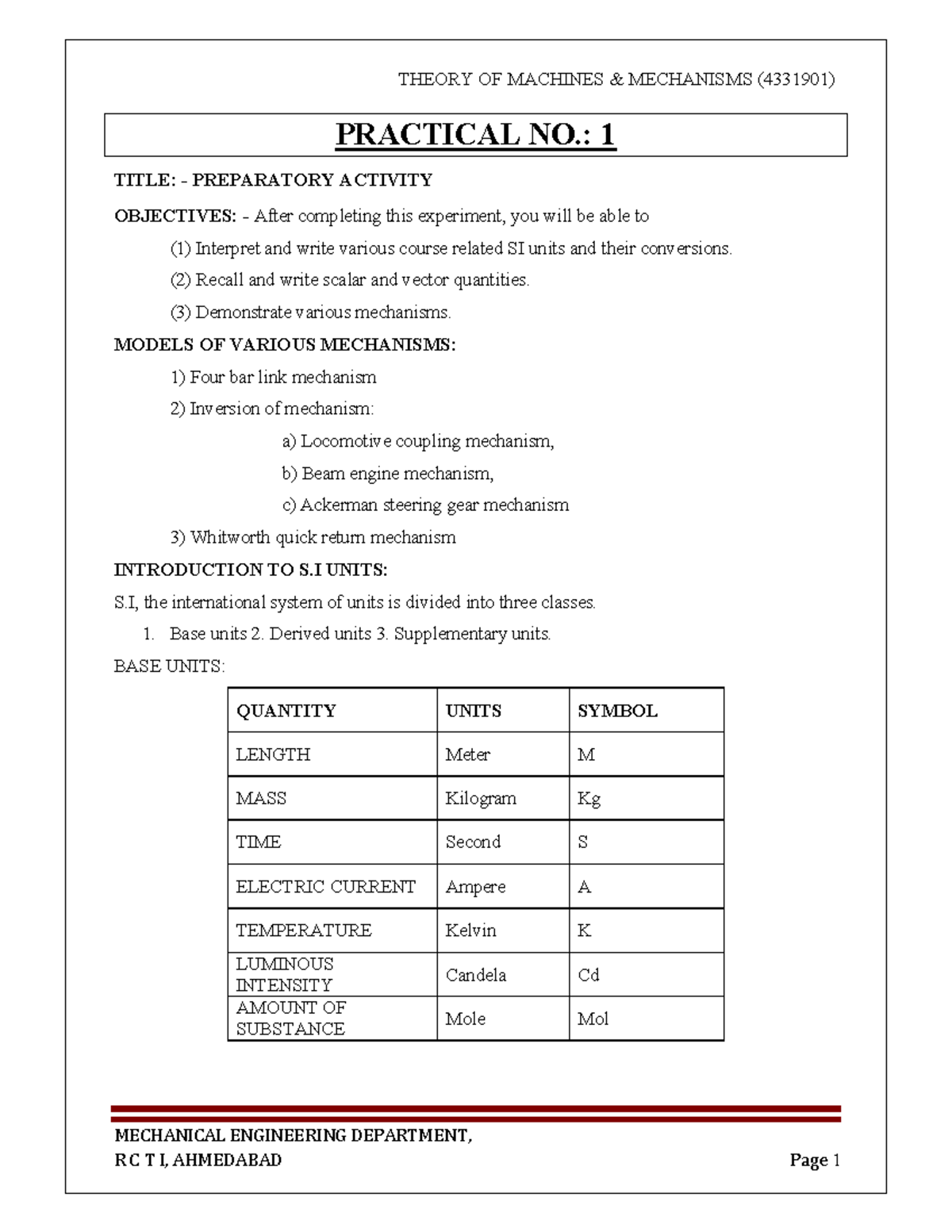 TOM manual new - MECHANICAL ENGINEERING DEPARTMENT, PRACTICAL NO.: 1 ...