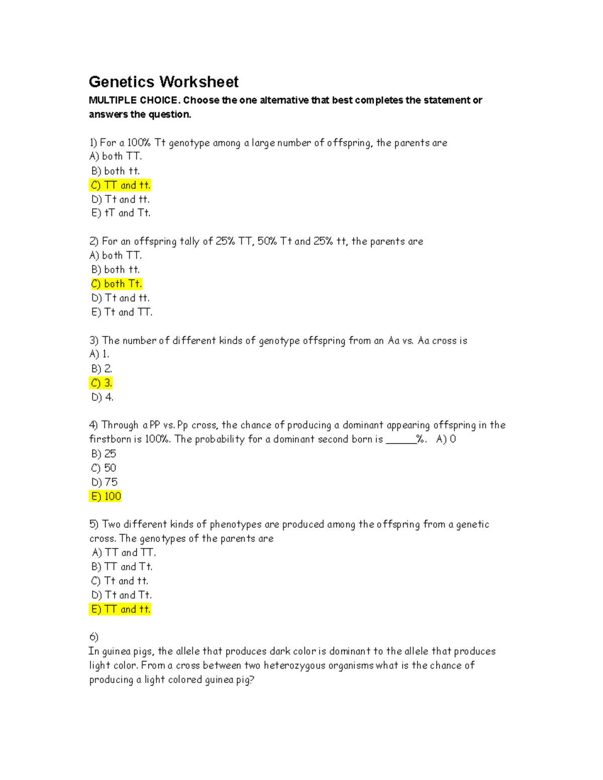 Biology, Genetics Practice Worksheet - Genetics Worksheet MULTIPLE ...