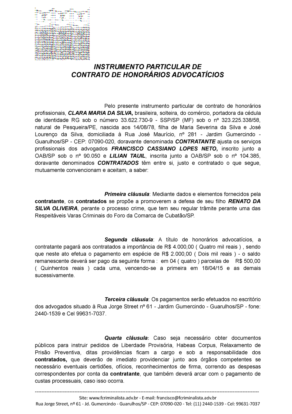 Contrato Honorários Criminal 02 Instrumento Particular De Contrato De HonorÁrios AdvocatÍcios 3834