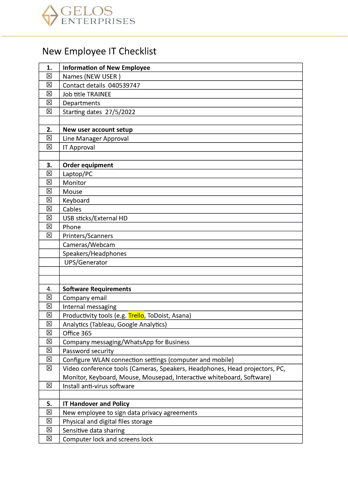 New Employee It Checklist Taj White New Employee It Checklist Information Of New Employee 1581