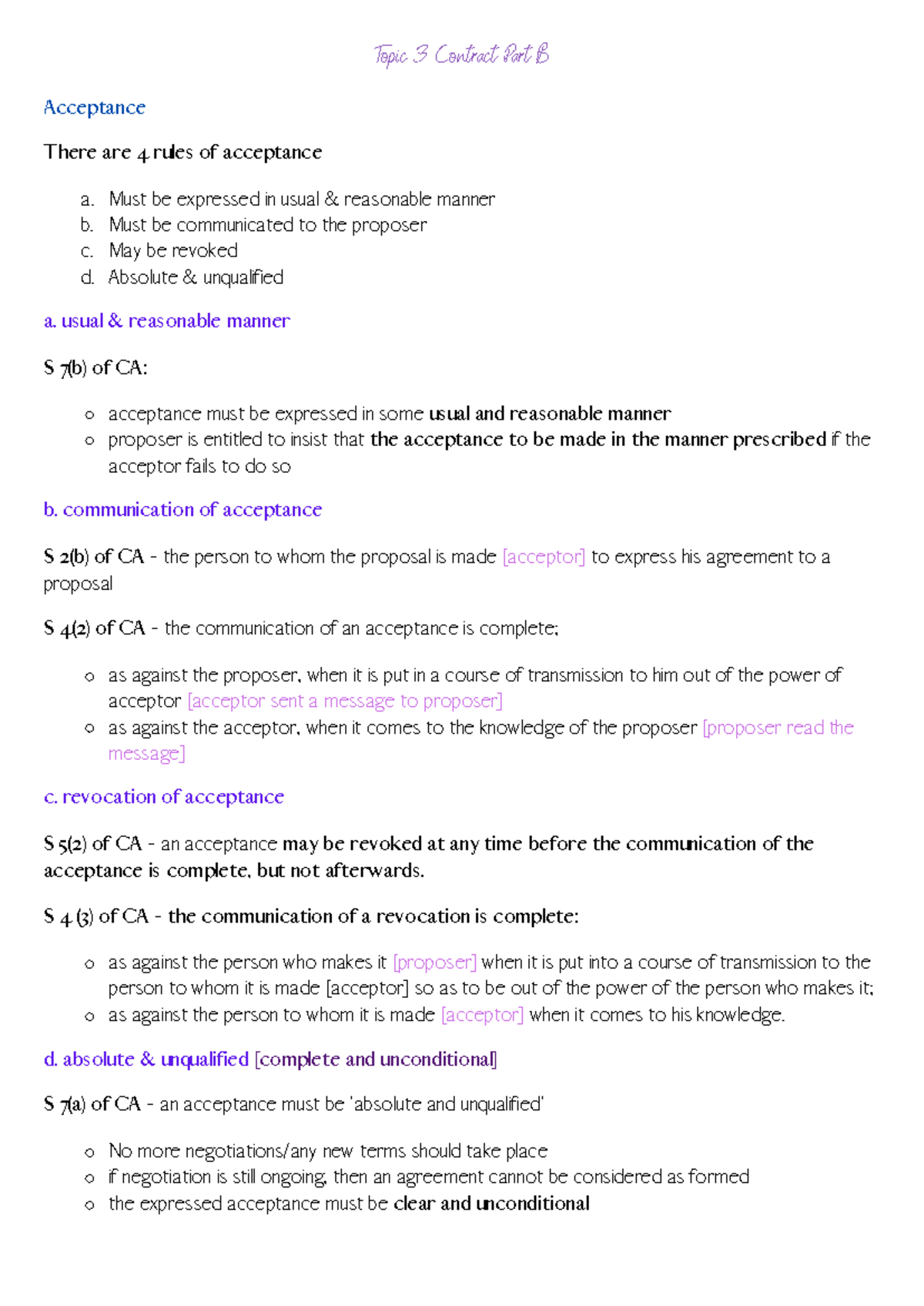 Introduction to Contract Law Part B Notes - Topic 3 Contract Part B ...