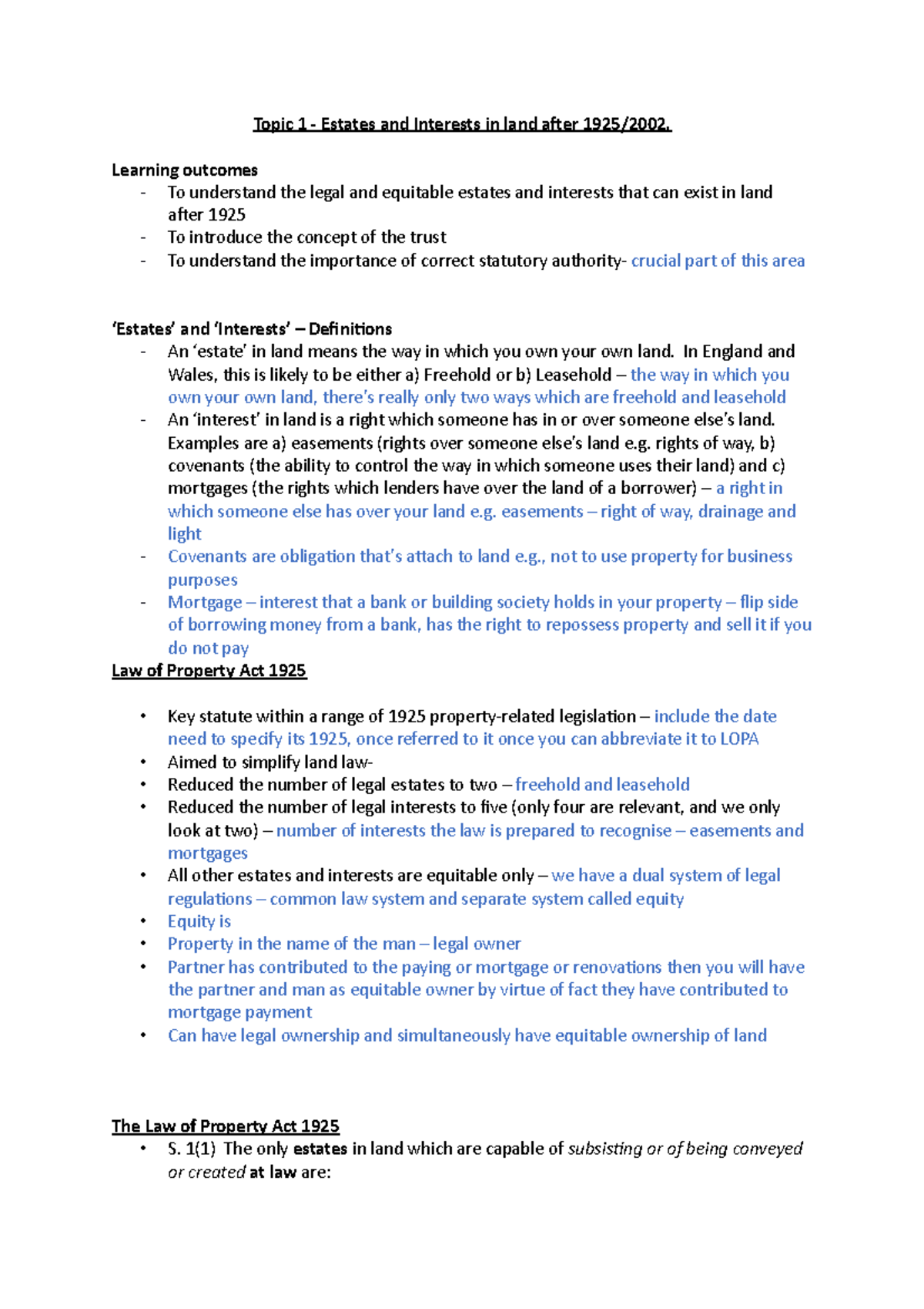 Topic 1 Lecture Notes - Topic 1 - Estates and Interests in land after ...