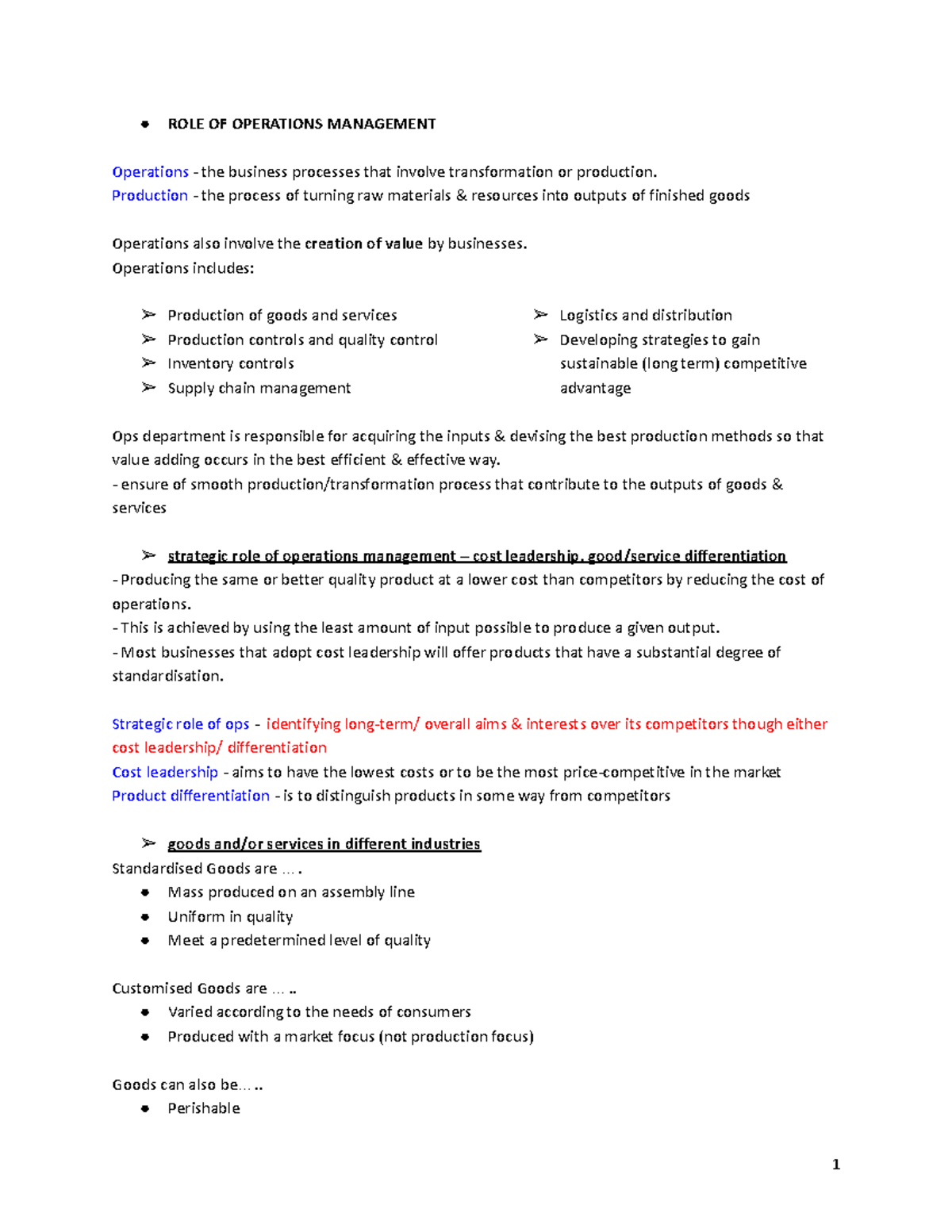 Operations - HSC Business - ROLE OF OPERATIONS MANAGEMENT Operations ...
