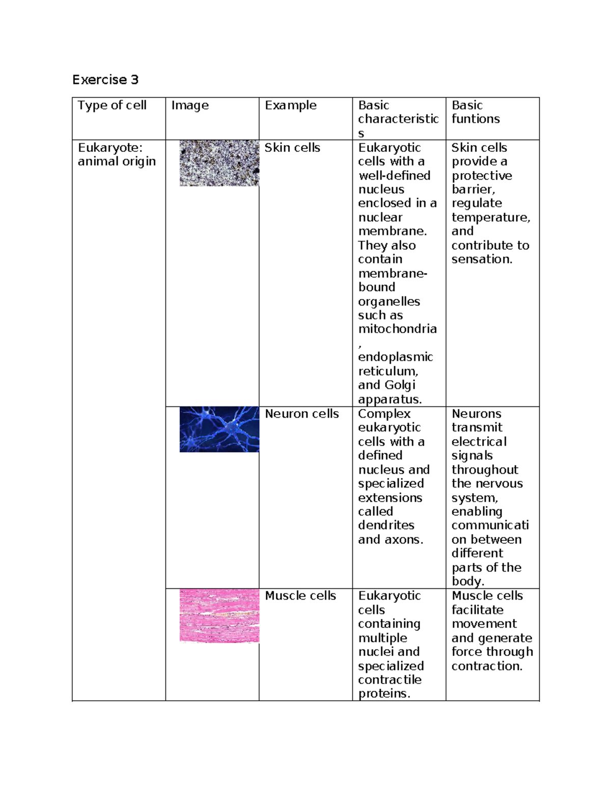Exercise 3 - Life science - Exercise 3 Type of cell Image Example Basic ...