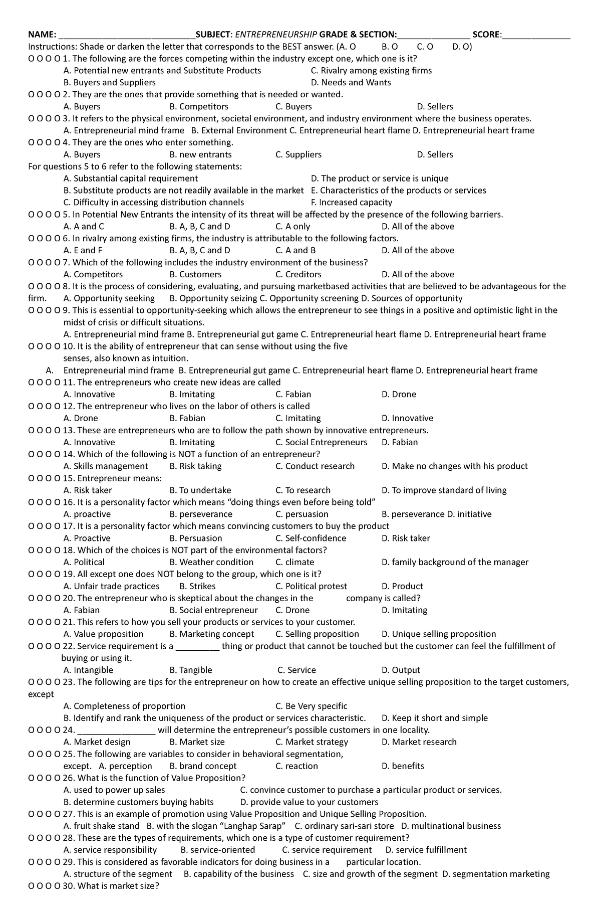 Q1 Periodical Test - NAME: SUBJECT: ENTREPRENEURSHIP GRADE & SECTION ...