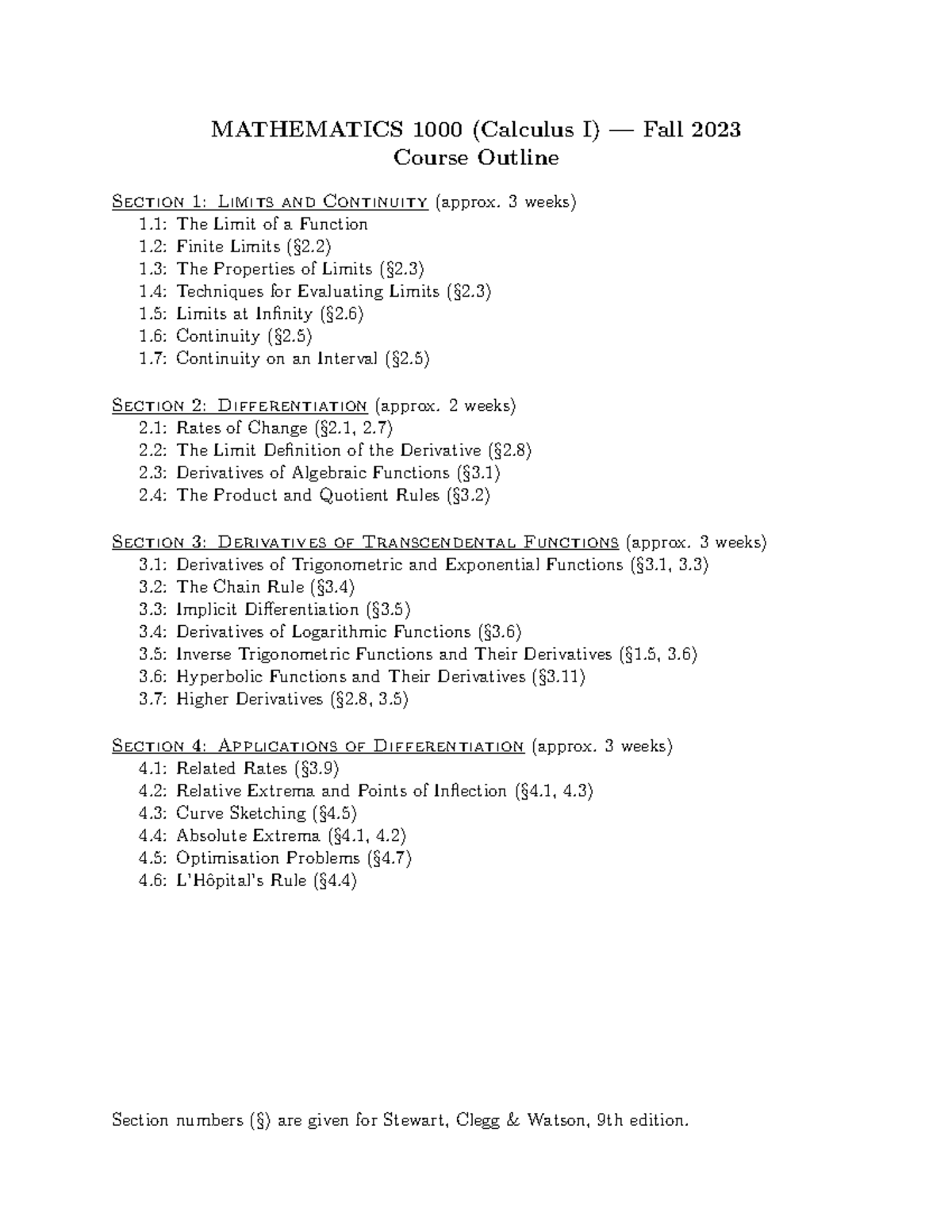 Outline - MATHEMATICS 1000 (Calculus I) — Fall 2023 Course Outline ...