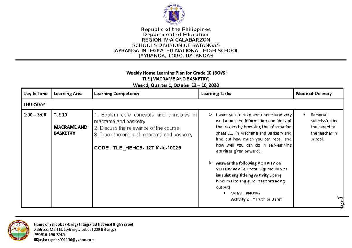 Weekly HOME Learning PLAN WEEK 1 macrame and basketry 10 Republic