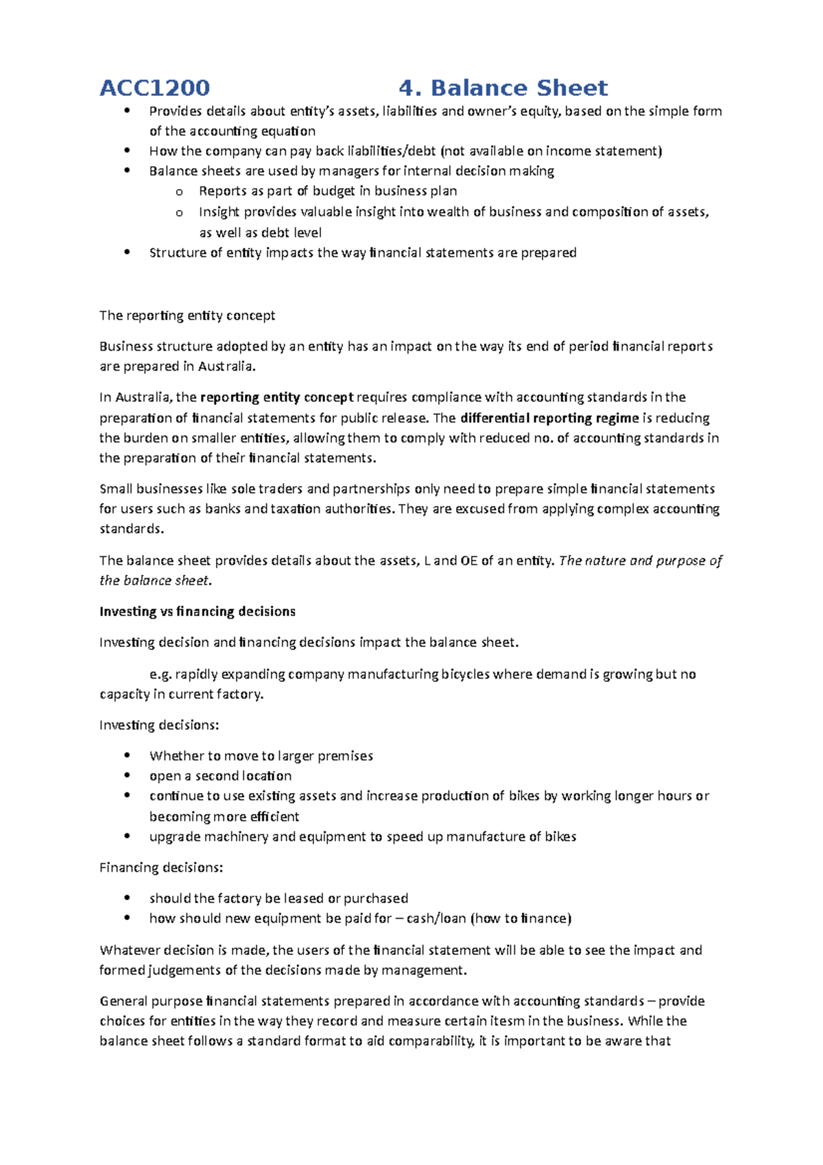 4. Balance sheet - Lecture notes 4 - ACC1200 4. Balance Sheet Provides ...