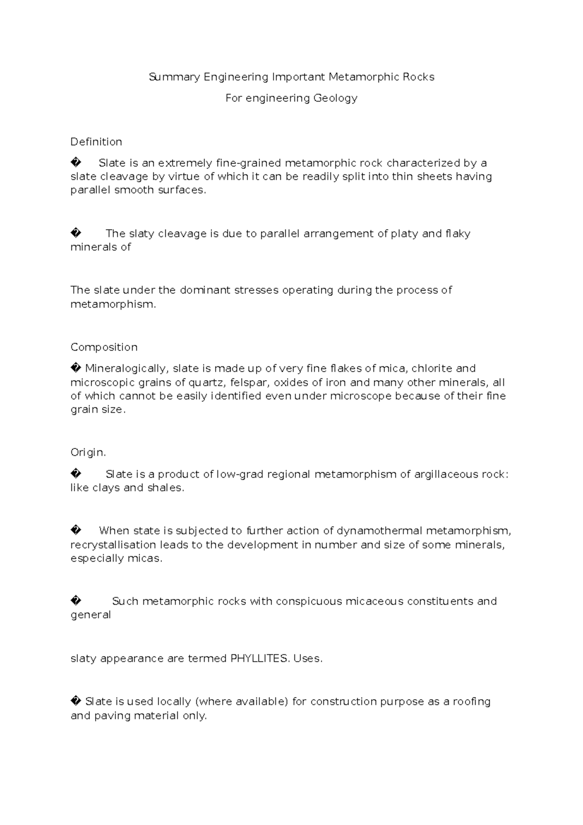 Summary Engineering Important Metamorphic Rocks For engineering Geology ...