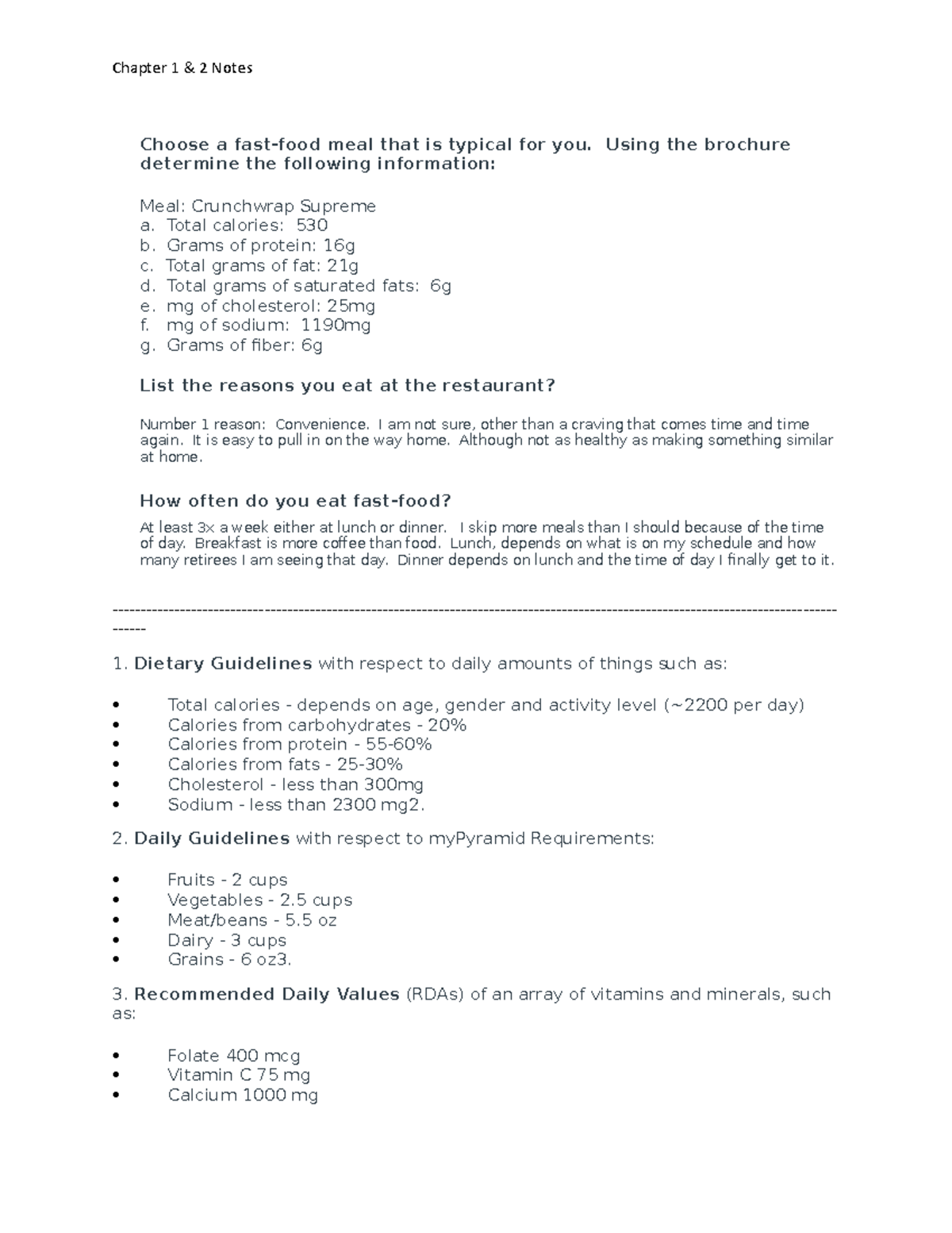 Chapter 1 & 2 Notes - Chapter 1 & 2 Notes Choose a fast-food meal that ...