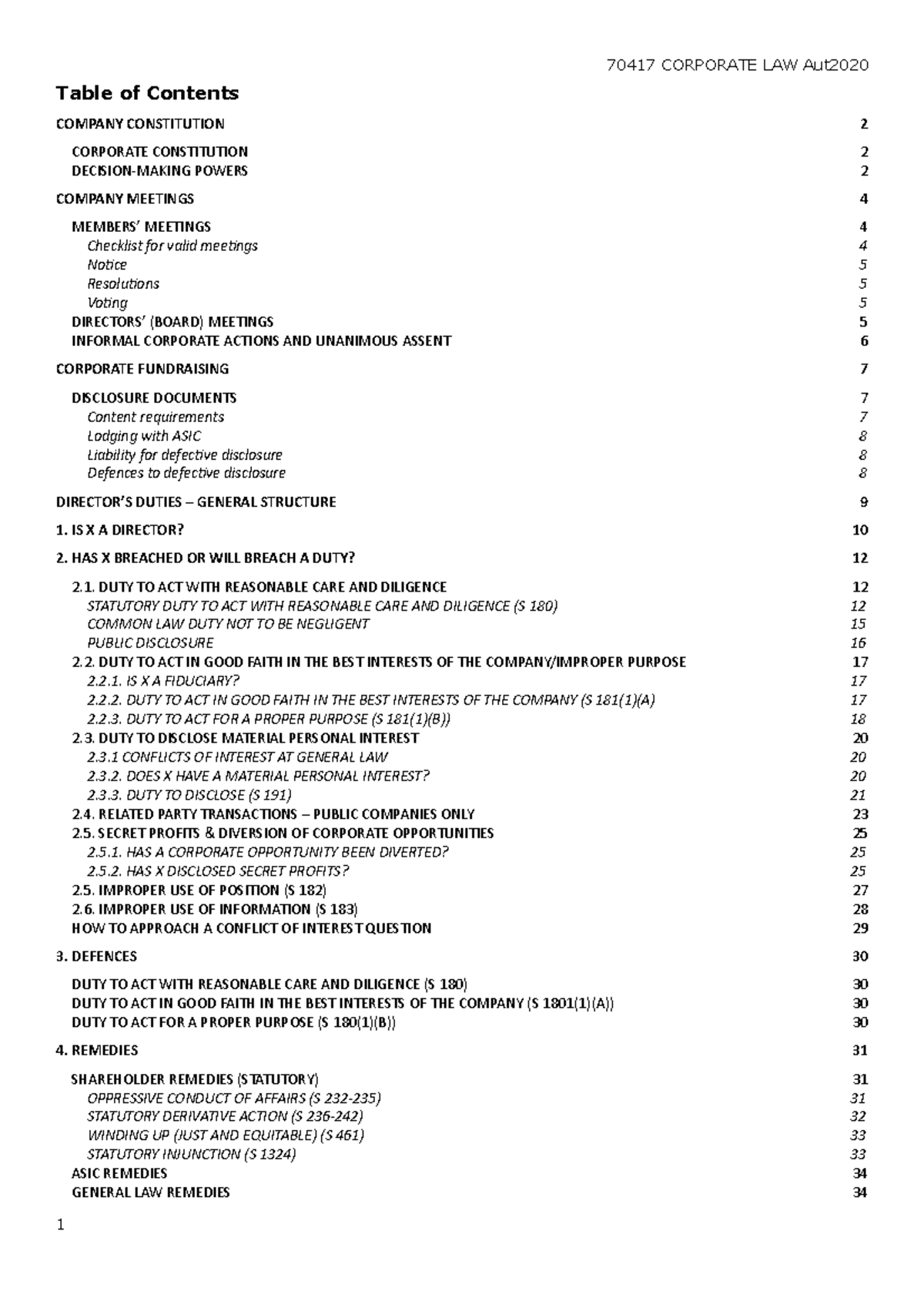 Corporate Law Exam Notes - Table of Contents COMPANY CONSTITUTION ...