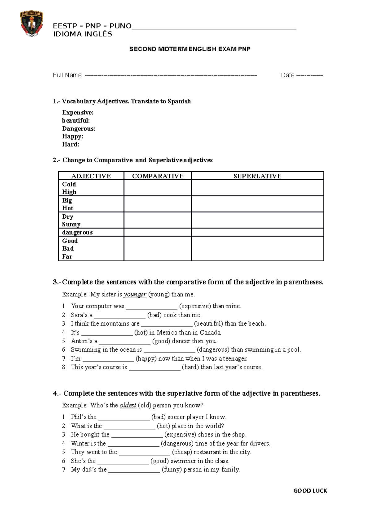 II examen PNP modelo de examen para alumnos - IDIOMA INGLÉS SECOND ...