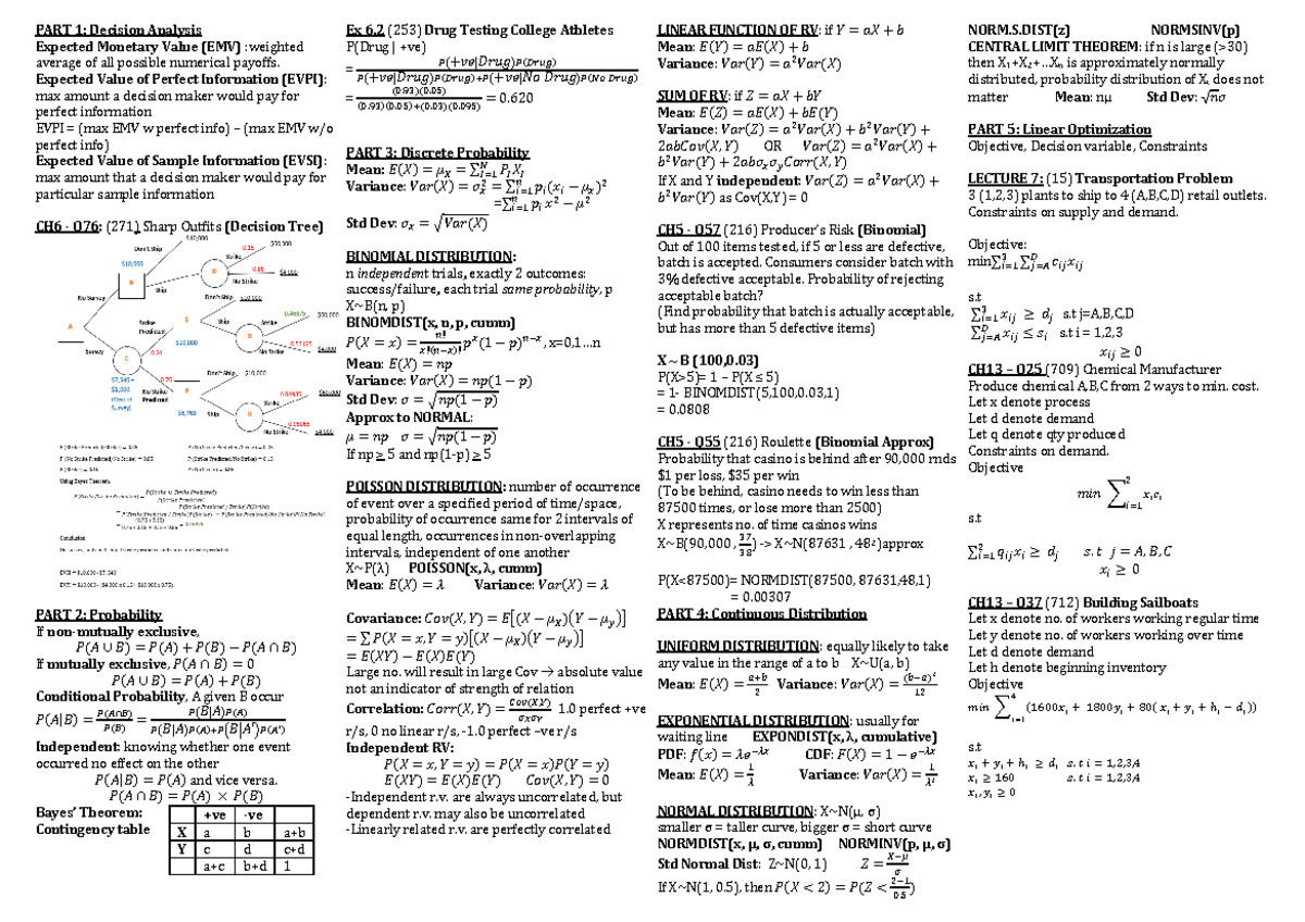 DSC1007 Cheat Sheet JB - PART 1: Decision Analysis Expected Monetary ...