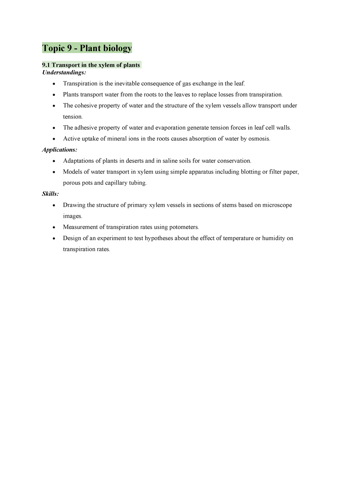 9.1 plant biology notes Topic 9 Plant biology 9 Transport in the