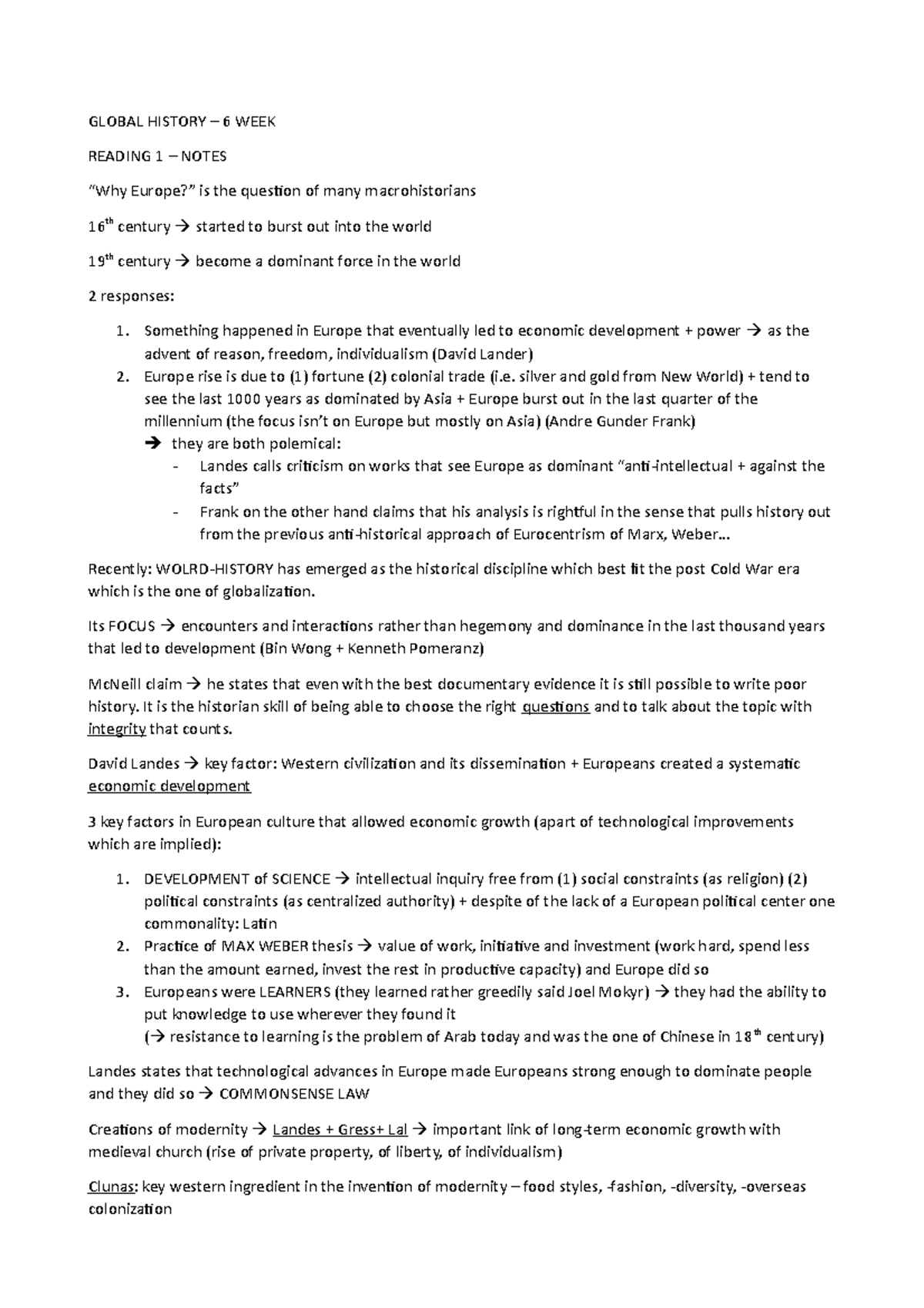 Reading 1 Gb notes Coursework material GLOBAL HISTORY 6 WEEK