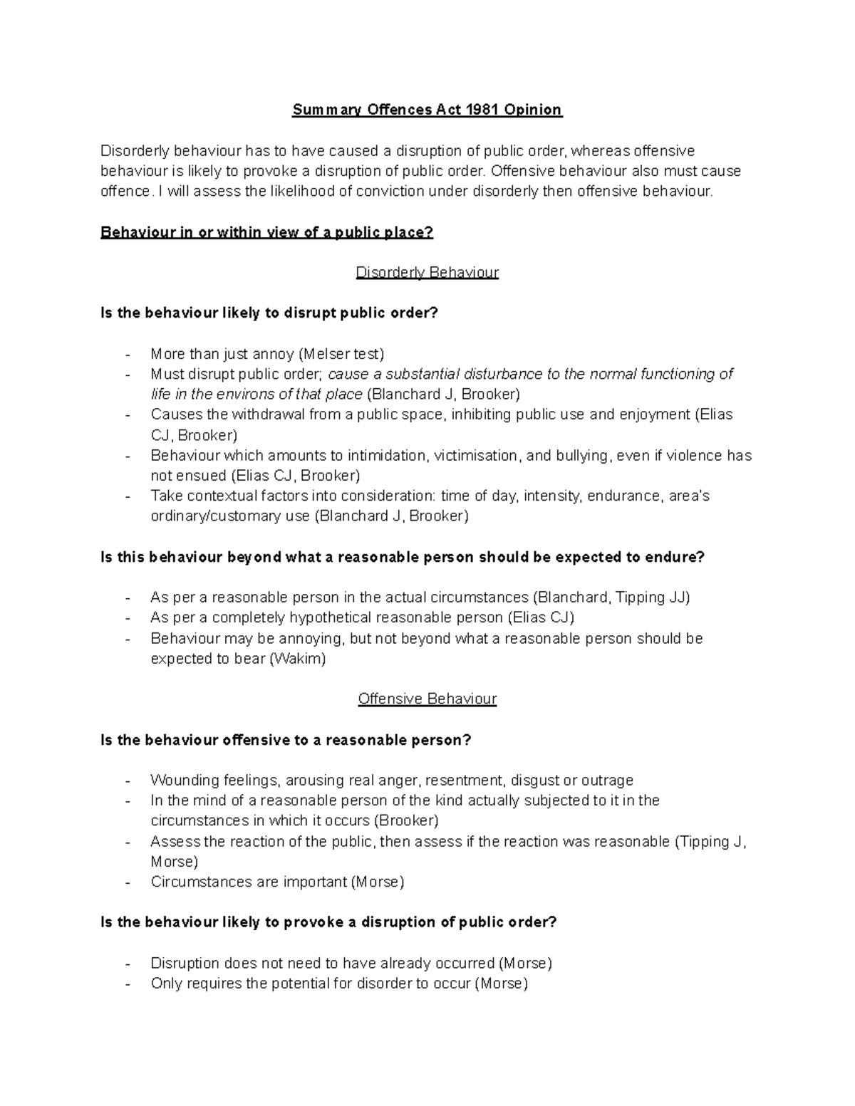 Case analysis summary offences act cheat sheet summary offences act