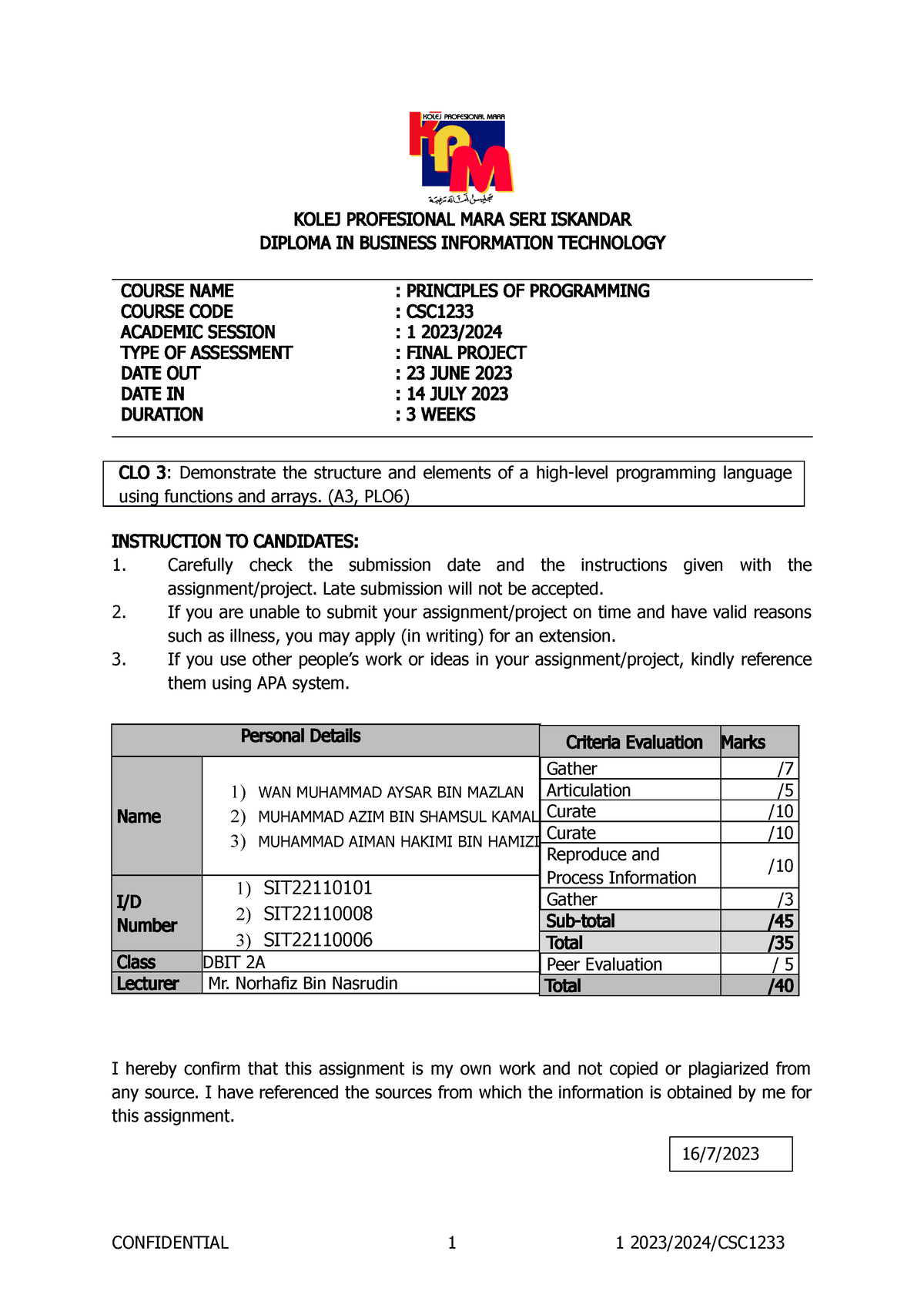 Soalan Final Project Csc1233 June 2023 - Kolej Profesional Mara Seri 