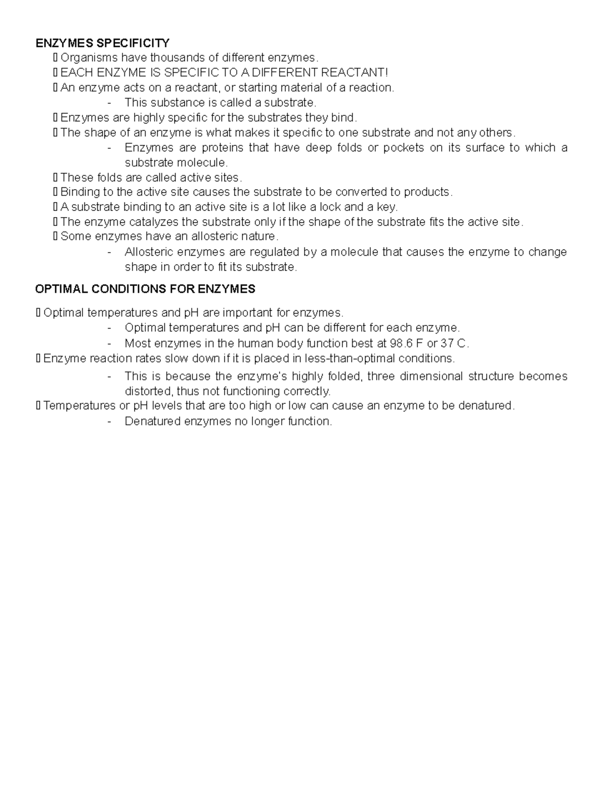 Enzymes Specificity - ENZYMES SPECIFICITY Organisms have thousands of ...