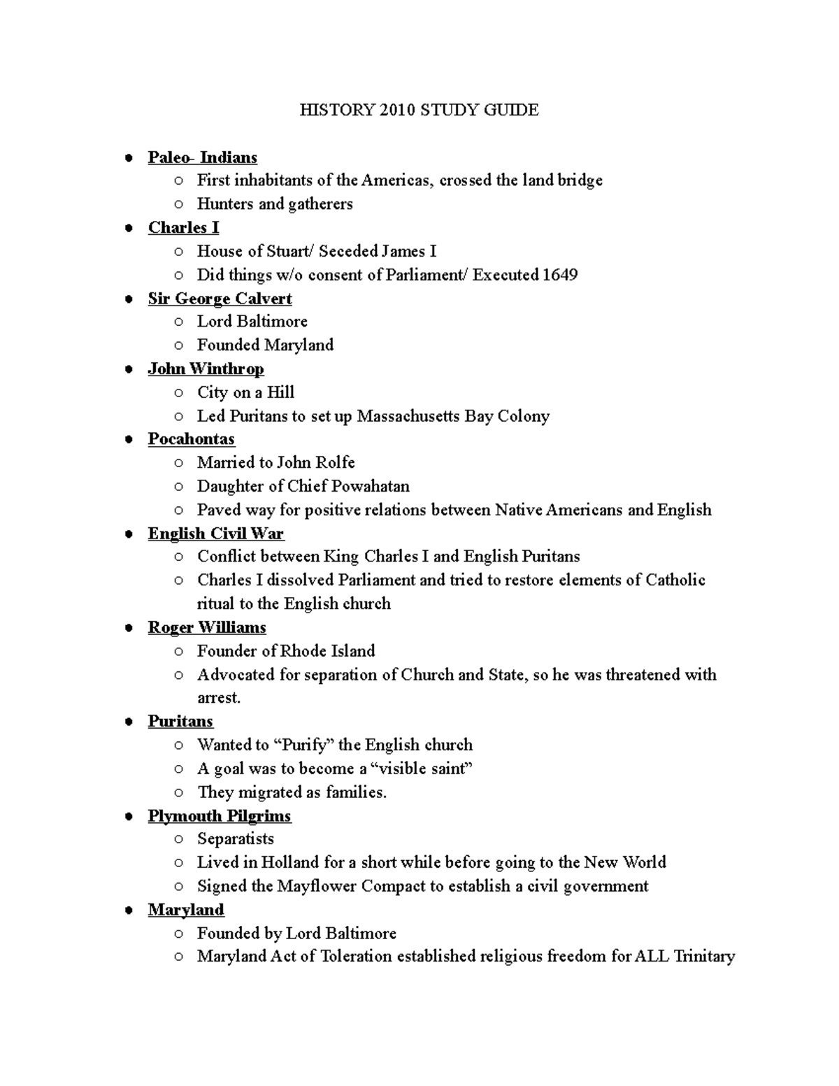 History 2010 Study Guide pt1 - HISTORY 2010 STUDY GUIDE Paleo- Indians ...